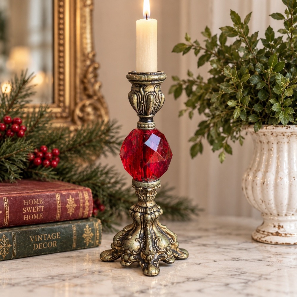 Vintage Hollywood Regency Red Lucite & Ornate Metal Candlestick Holder 8"